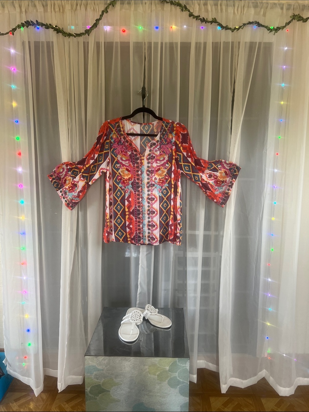 Boho Floral Stripe Bell-Sleeve Tunic - Red Multi